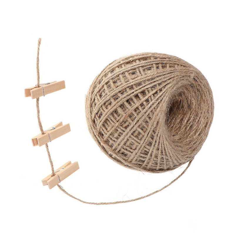 100pcs Mini Wooden Pegs Photo Clips Note Memo Message Postcard Holder with A Roll of 100M Hemp Rope