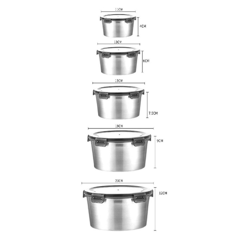5Pcs Round Stainless Steel Refrigerator Food Storage Box Kitchen Microwave Heating Sealed Fresh-Kee