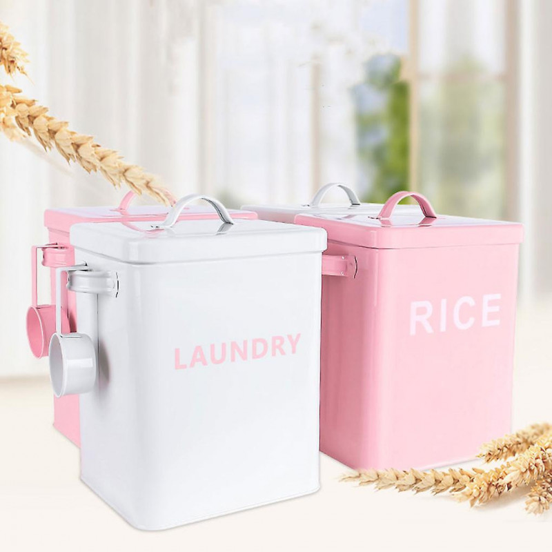 Metal Canister Rice Buckets Grain Case Lid Scoop Pet Dog Food Room