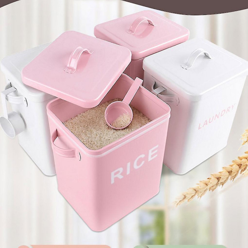 Metal Canister Rice Buckets Grain Case Lid Scoop Pet Dog Food Room