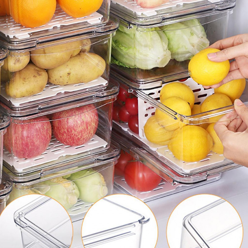 Clear Fridge Organiser Stackable Kitchen Food Storage Box Container With Lid