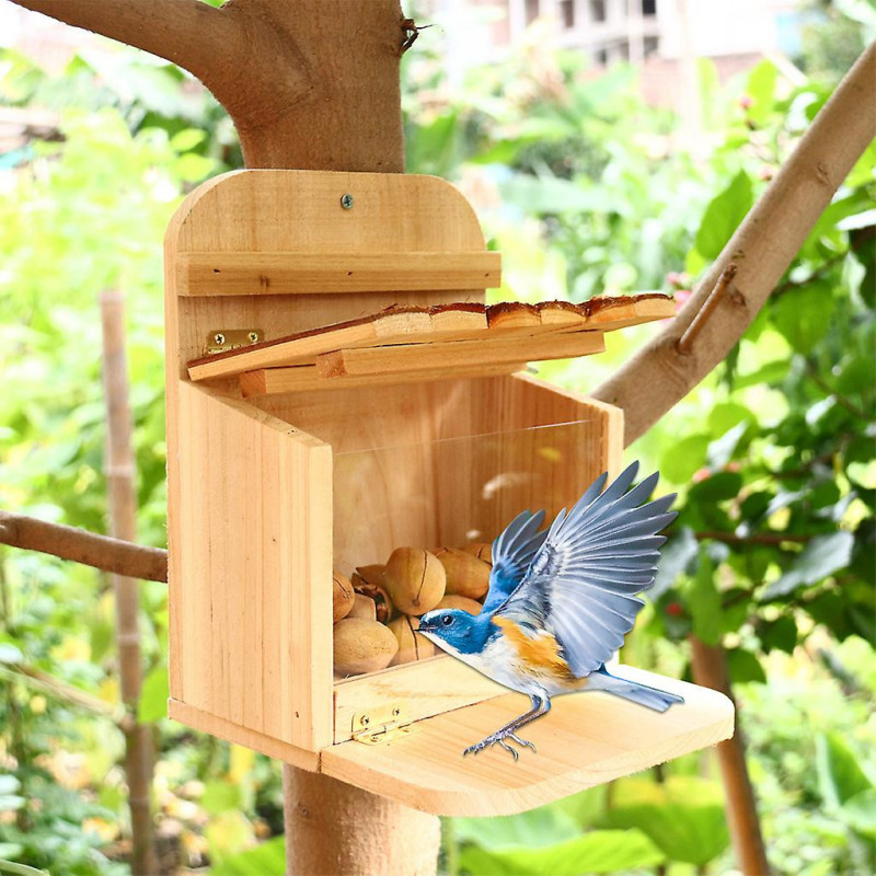 Squirrel Feeder For Outside Natural Wood Feeding Box With Lid Easy To Clean