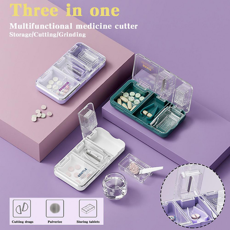 3 in 1 Tablet Cutter with Transparent Lid Moisture-proof Medicine Crusher Cutter for Small/Large tablet