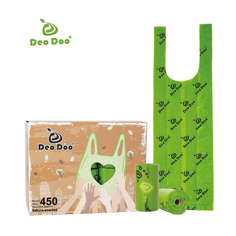 Poignée biodégradable Sacs de caca 30 rouleaux 450 sacs en rouleaux Sakura Parfumé Biobase Cat Sacs à déchets [...]