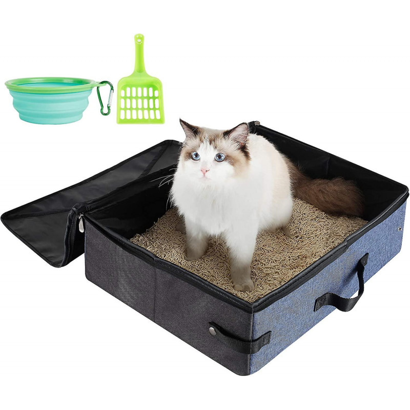 Cat Travel Litter Box with Lid and Handle Standard Portable Collapsible Litter Carrier for Cat 0(M,Black/Blue) M [...]