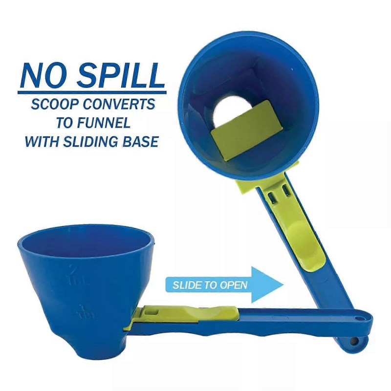 No Spill Scoop Converts to Funnel With Silding Base 2 in 1 Measuring Slide Scoop No Spill Scoop Converts to Funnel With Silding Base 2 in 1 Measuring Slide Scoop
