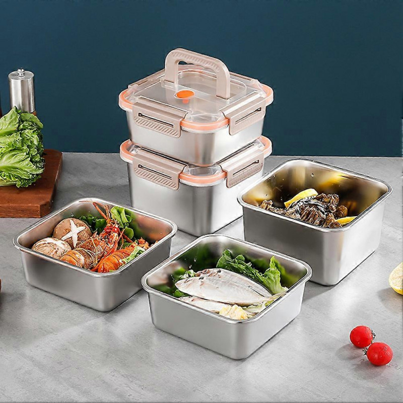 Portable Crisper Box with Handle Stainless Steel Food Container Stackable Large Fresh-Keeping Box