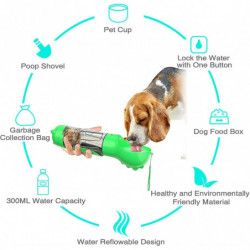 300ml Portable Dog Water Bottle,4 In 1 Travel Water Bottle,waste Shovel,food Container,trash Bag,green