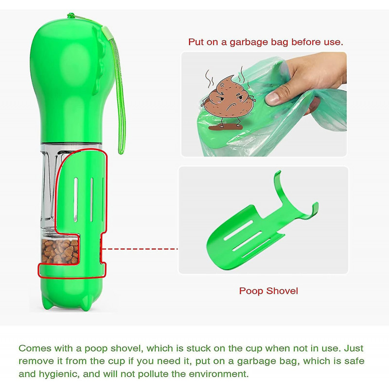 300ml Portable Dog Water Bottle,4 In 1 Travel Water Bottle,waste Shovel,food Container,trash Bag,green