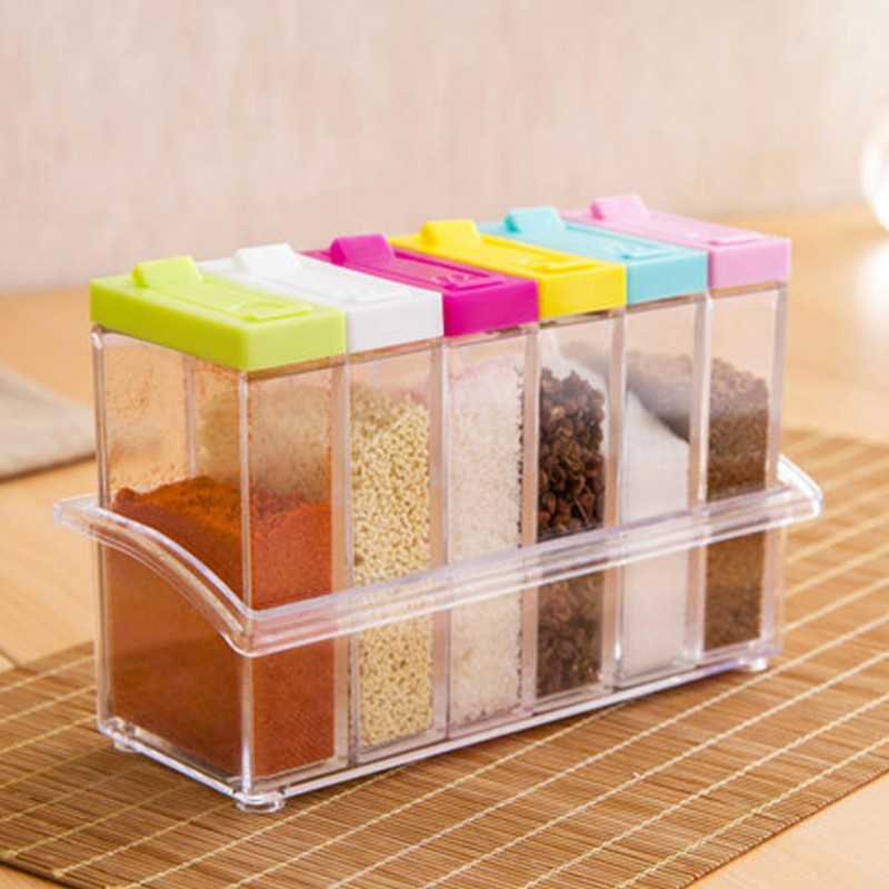 6pcs/set Seasoning Box With Tray Condiment Storage Plastic Moisture-proof Salt Jar For Kitchen 6pcs/set Seasoning Box With Tray Condiment Storage Plastic Moisture-proof Salt Jar For Kitchen