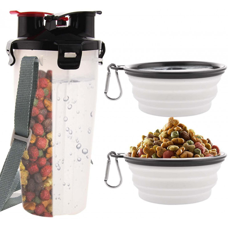 Portable Pet Water Bottle And Food Container For Travel 2-in-1bottle With 2 Collapsible Bowls