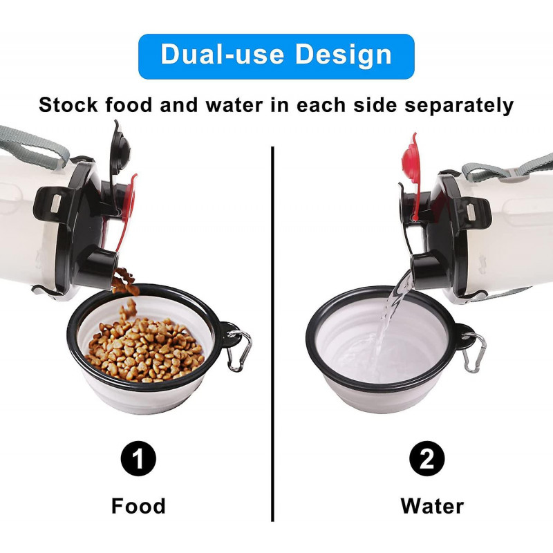 Portable Pet Water Bottle And Food Container For Travel 2-in-1bottle With 2 Collapsible Bowls