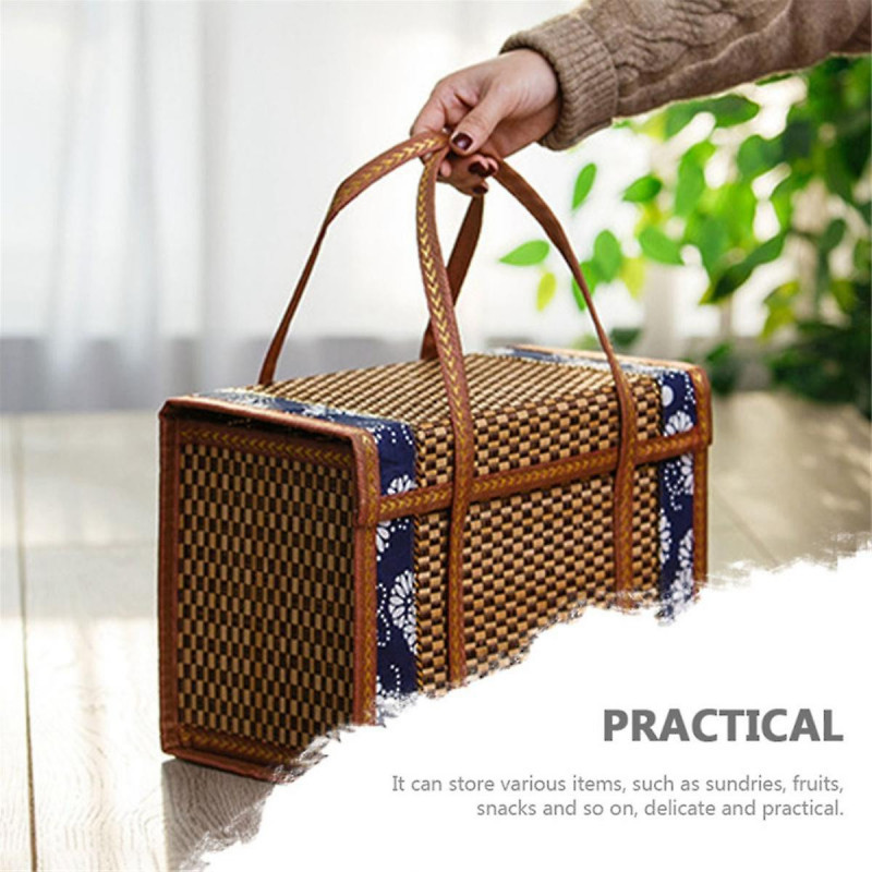 Fruit Basket Bamboo Woven Portable Simple Handheld Picnic Food Container Foldable Snacks Containers Kids 40x20x25cm,B
