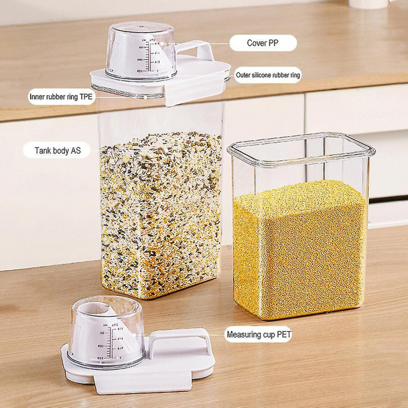 Transparent Grain Storage Box with Measuring Cup Durable Moisture-Proof Sealing Cans for Cereal Mung Beans-AH