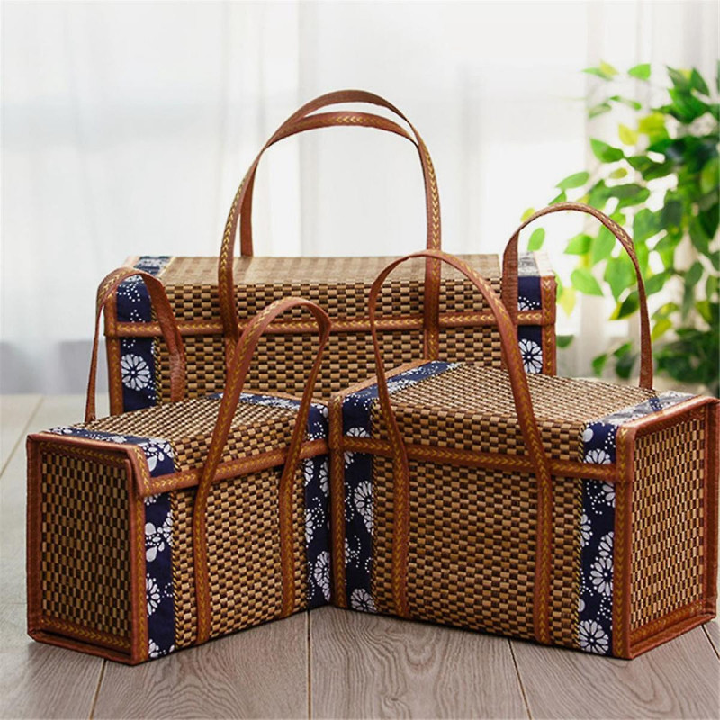 Fruit Basket Bamboo Woven Portable Simple Handheld Picnic Food Container Foldable Snacks Containers Kids 36x18x25cm,B