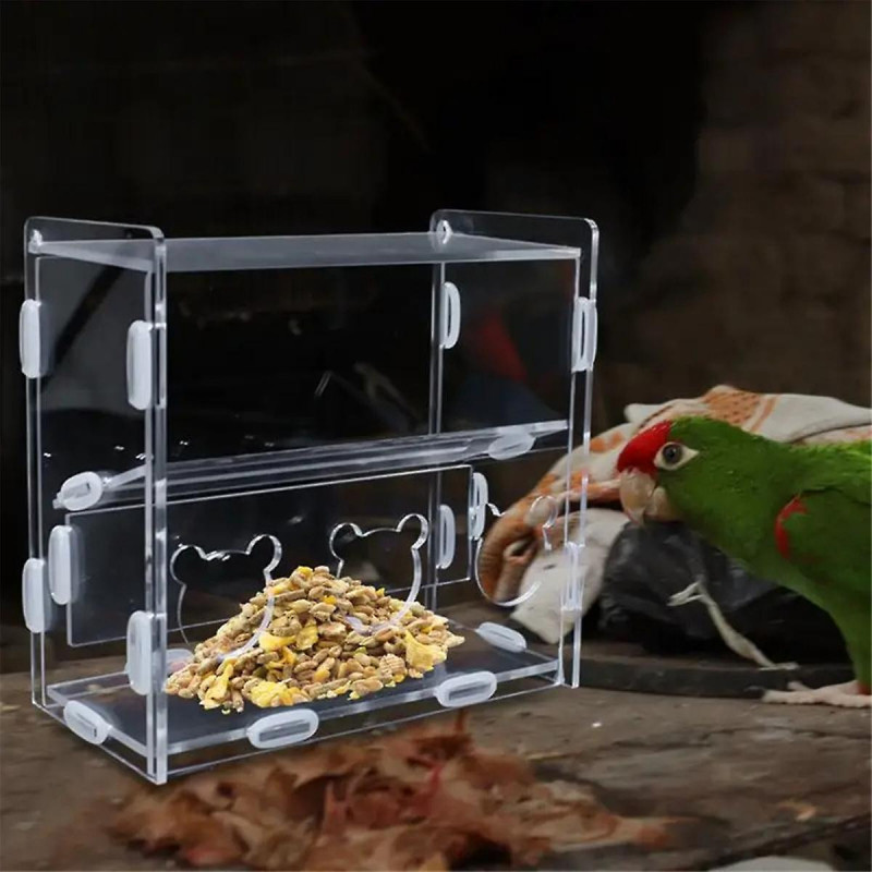 Parrot Feeder Box Acrylic Feeding Container No-Mess Multihole Food Box Clear Bird Food Dispenser Box for Finches Parrots