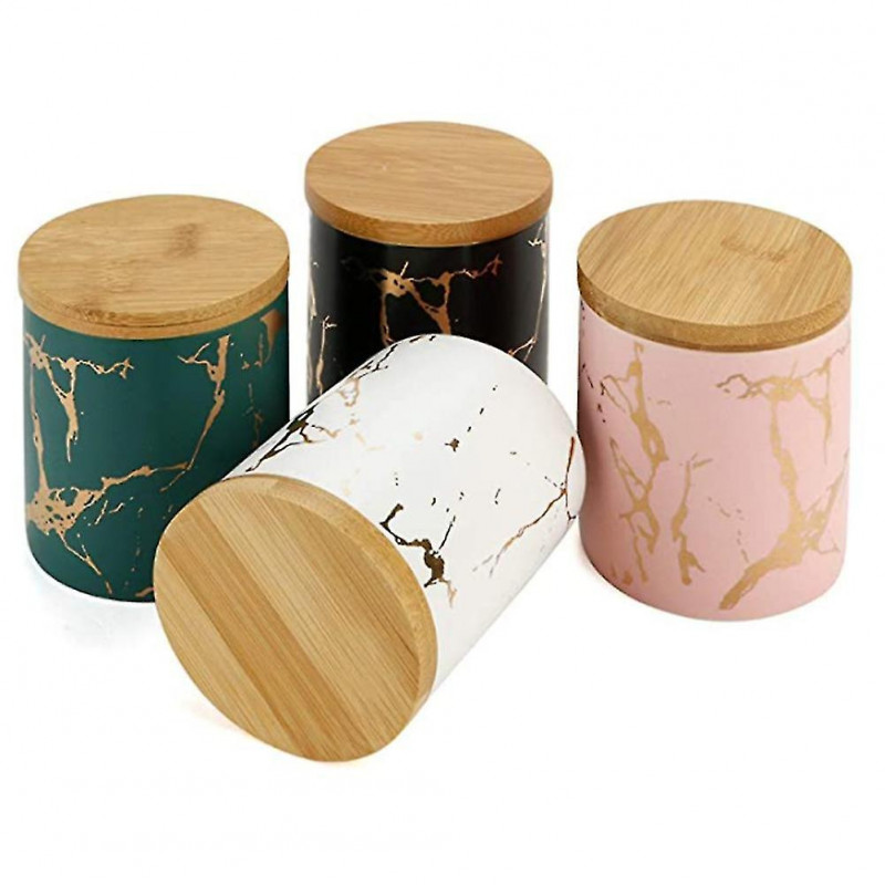 Tea Tins Storage Can Set Containers with Wood Lid Marble Pattern Ceramic Portable Sealing Tank for