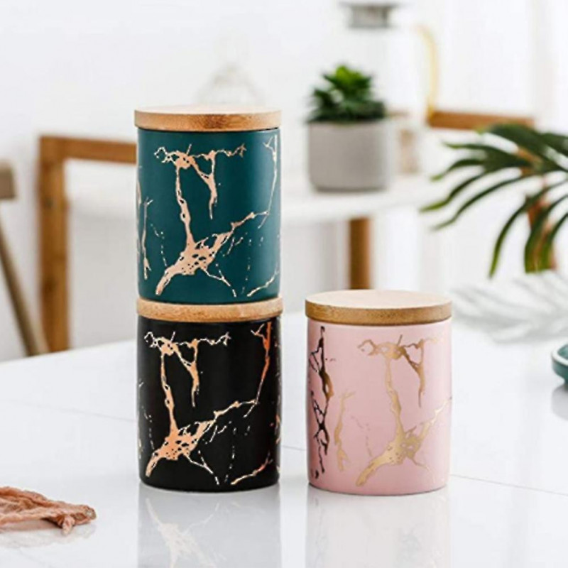 Tea Tins Storage Can Set Containers with Wood Lid Marble Pattern Ceramic Portable Sealing Tank for