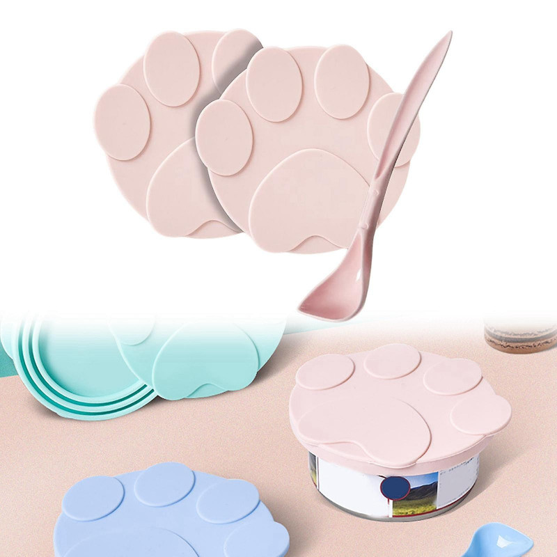 2 Pieces Pet Food Can Lids Silicone Dog Cat Food Can Covers Food Spoon Pink