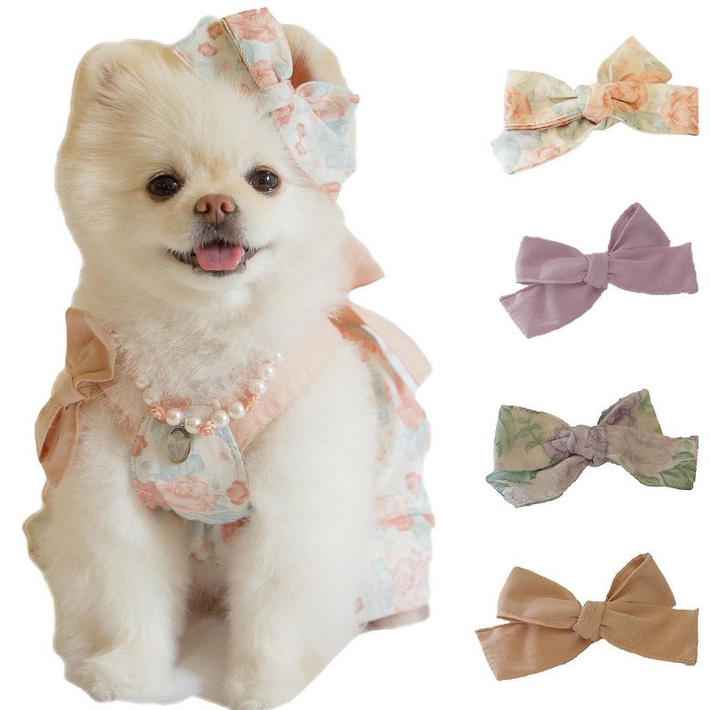 Pet Hairpin Adorable Elegant Exquisite Pet Cat Dog Rose Print Bowknot Hair Clip Pet Supplies