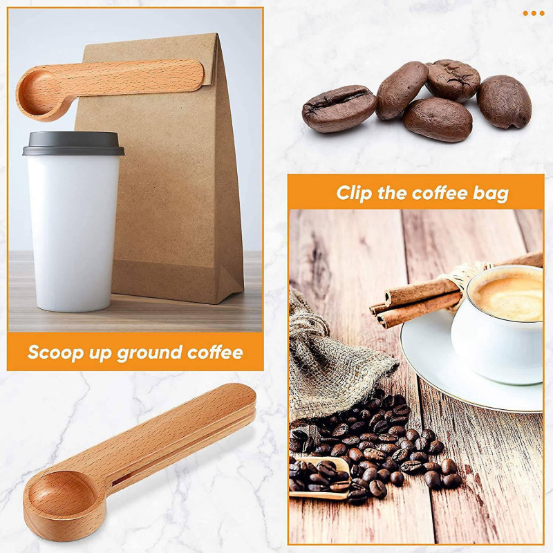 2 Pcs Wooden Coffee Scoop and Bag Clip,Tablespoon Measuring Scoop,Coffee Bags Sealer,for Ground Bea