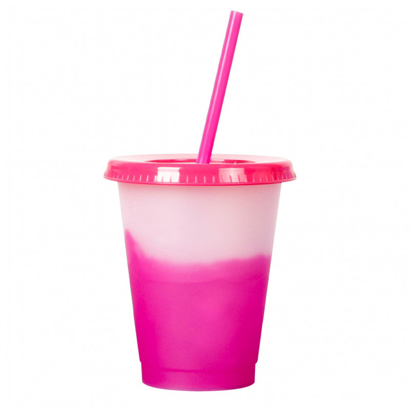 473ml Water Cup Lidded Color Changing Plastic Daily Use Straw Juice Cup Kitchen Supplies