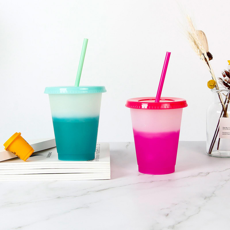 473ml Water Cup Lidded Color Changing Plastic Daily Use Straw Juice Cup Kitchen Supplies