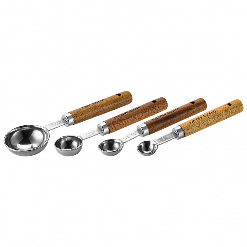 4Pcs Measuring Spoon with Wooden Handle Food Grade BPA Free Polished Surface Reusable Measuring Cup Set Cooking Tool