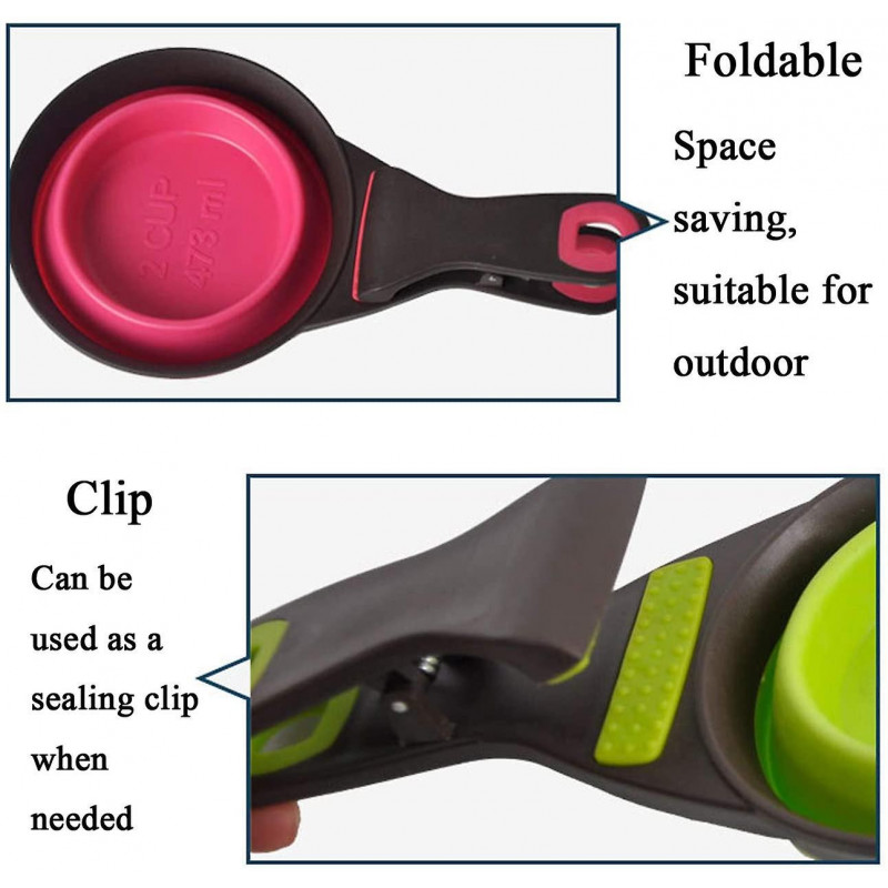 Collapsible Pet Scoop Silicone Measuring Cups Set Sealing Clip 3 in 1 Multi-Function Set of 2