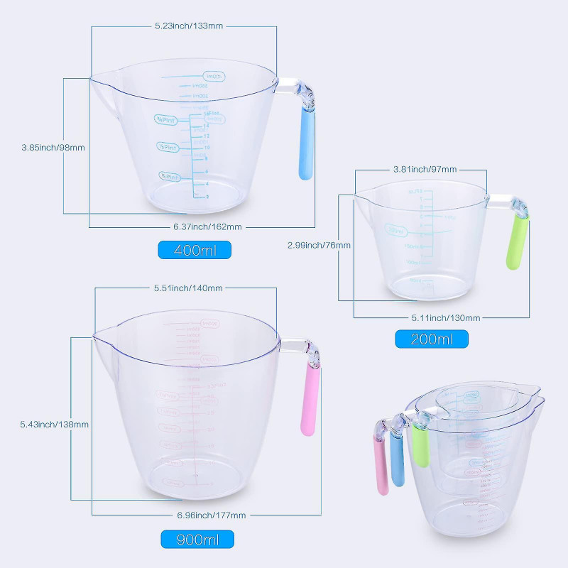 3pcs Plastic Measuring Cups Plastic Jug For Baking, Jam Maker, Rice Measuring, Accurate Scale 200ml/400ml/900ml