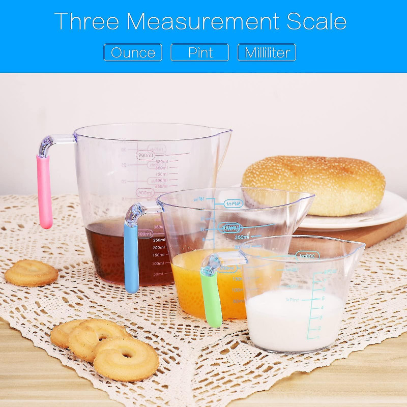 3pcs Plastic Measuring Cups Plastic Jug For Baking, Jam Maker, Rice Measuring, Accurate Scale 200ml/400ml/900ml