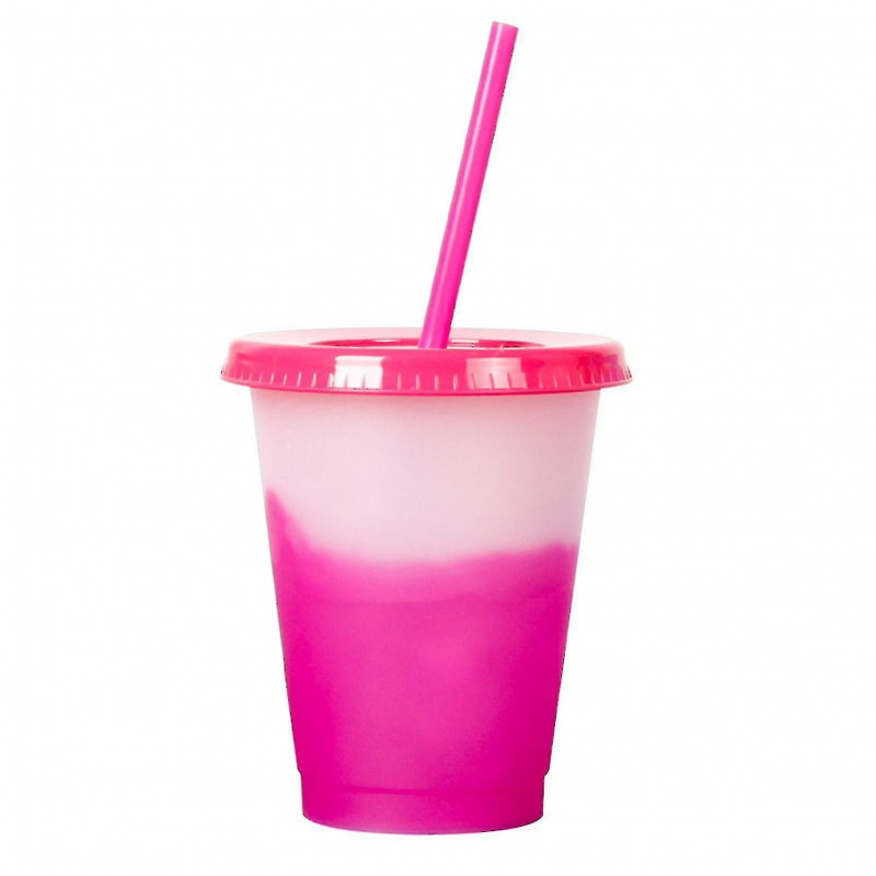 473ml Water Cup Lidded Color Changing Plastic Daily Use Straw Juice Cup Kitchen Supplies Pink