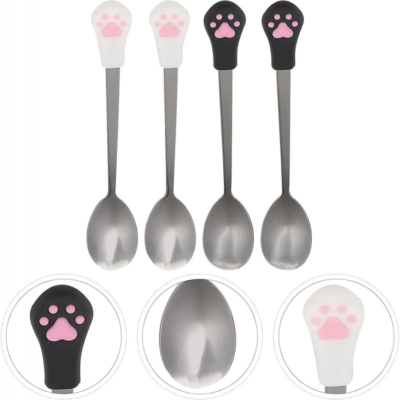 4 pcs Stainless steel spoon for pet cat,silicone handles utensils canned pet milk powder spoonorange+white