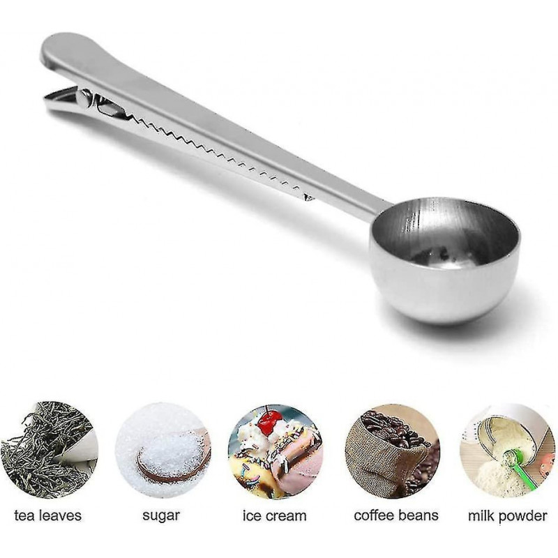 Stainless Steel Coffee Measuring Spoon With Clip Multifunctional Food Sealing Clip (silver) (1pcs)