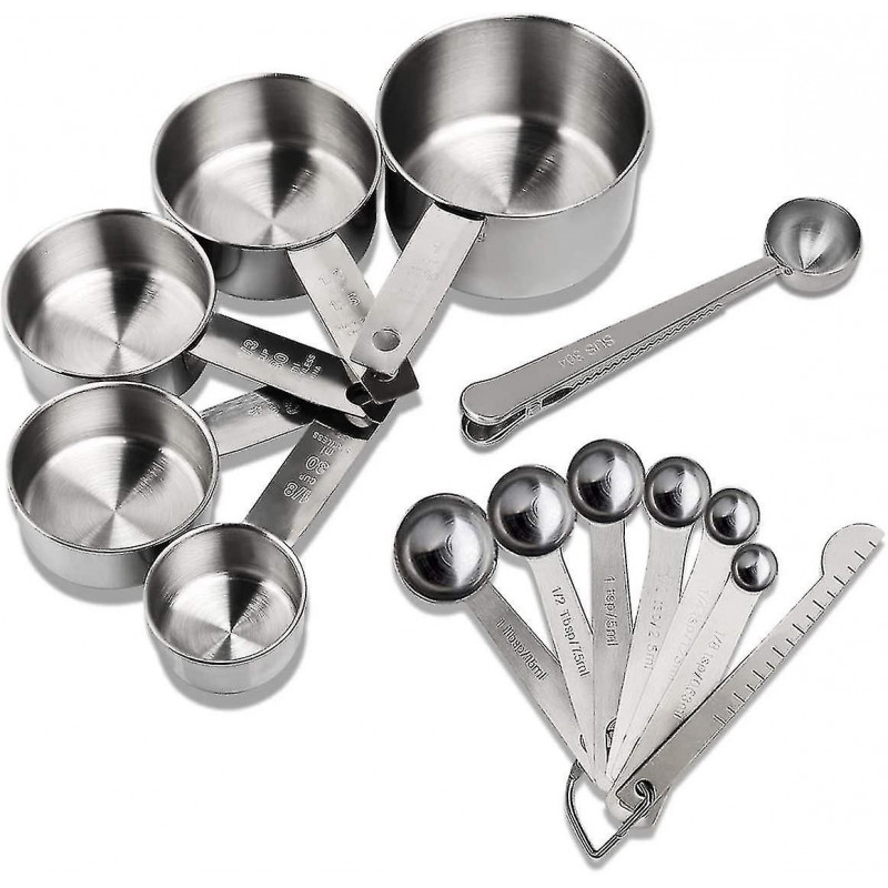 Stainless Steel Measuring Cup And Spoon With Measuring Ruler, Scoop With Clip, 5 Measuring Cups & 6