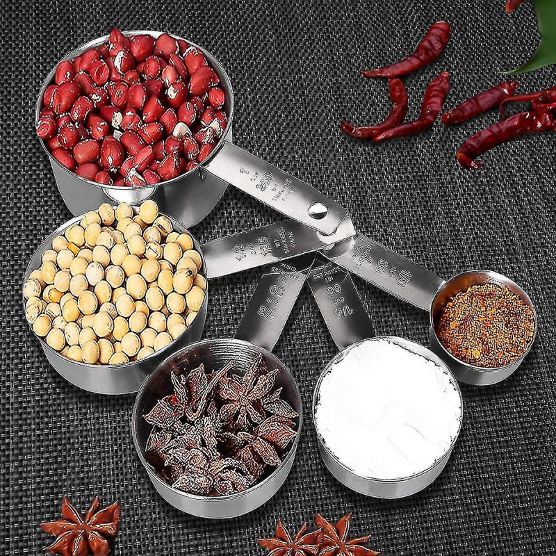 Stainless Steel Measuring Cup And Spoon With Measuring Ruler, Scoop With Clip, 5 Measuring Cups & 6