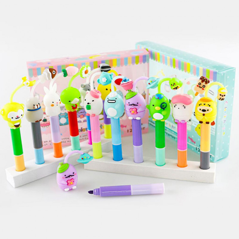 6 Pcs Cute Cartoon Highlighter Detachable Combinable Paint Pen For Students