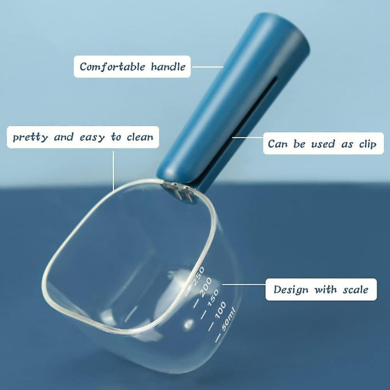 Pet transparent scale food measuring spoon with clip pet supplies (Navy blue)