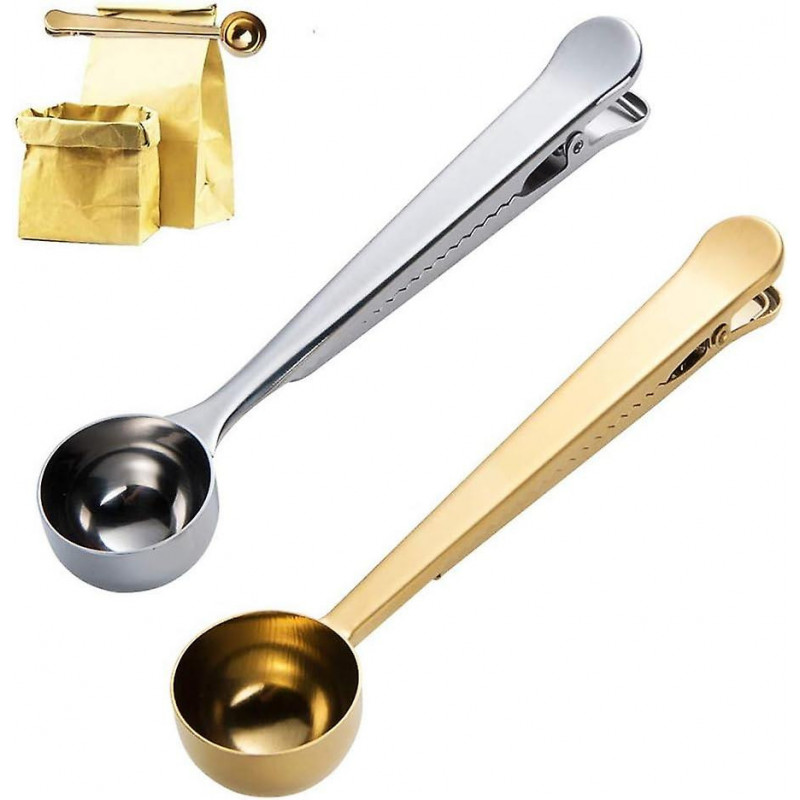 2pcs Coffee Scoop With Coffee Sealer Bag Clip(silver+gold