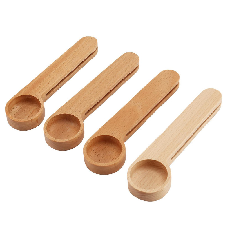 4Pieces Wood Coffee Scoop with Clip Measuring Spoon Tea Coffee Bag Clip Spoon Coffee Bean Loose Tea