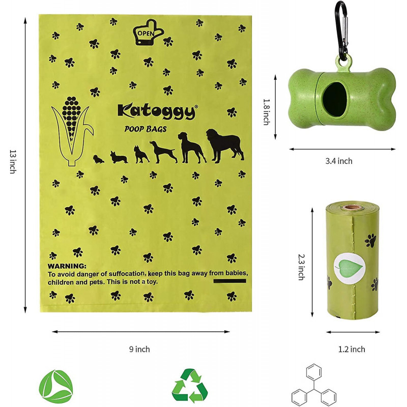 Sacs de caca de chien, paquet de 20 rouleaux de 90, 9 x 13 caca biodégradables et compostables