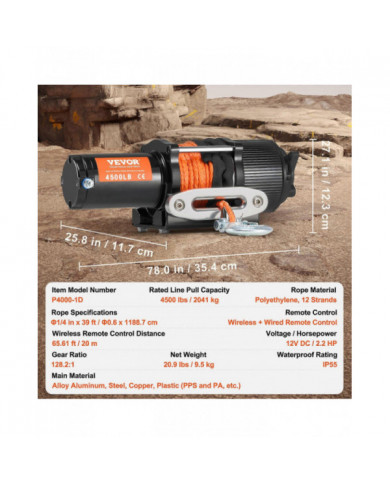 Treuil électrique, capacité de traction de ligne de 4500 lb, 39 pieds 12 brins corde synthétique guide-câble en [...]