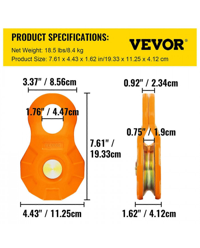 Poulie d’arrachement, limite de charge de travail de 11T/25 000 lb, poulie de treuil robuste pour corde [...]