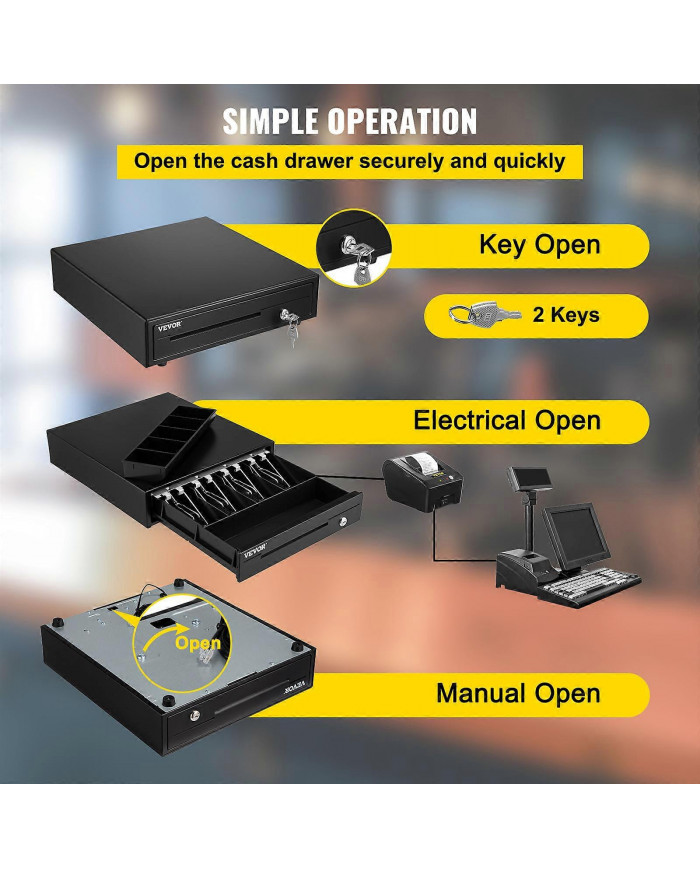 Tiroir-caisse, 13 po, 12 V, pour système de point de vente avec plateau de caisse à 4 billets et 5 pièces, [...]