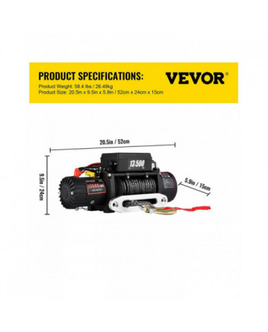 Treuil de récupération électrique 12V 13500LB Corde synthétique 4x4 robuste