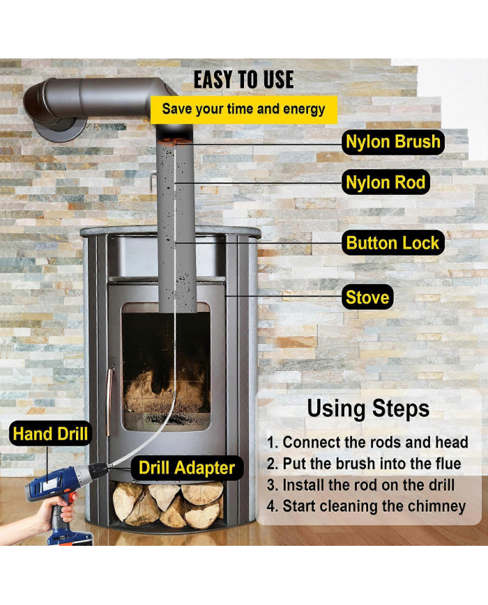 26FT / 8M Ramoneur Brosse Ramonage Kit de Ramonage Nylon 8 Tiges