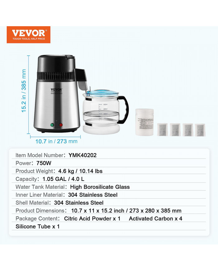 4L Distillateur D’eau Purificateur Machine Comptoir En Acier Inoxydable 304 Intérieur 750W