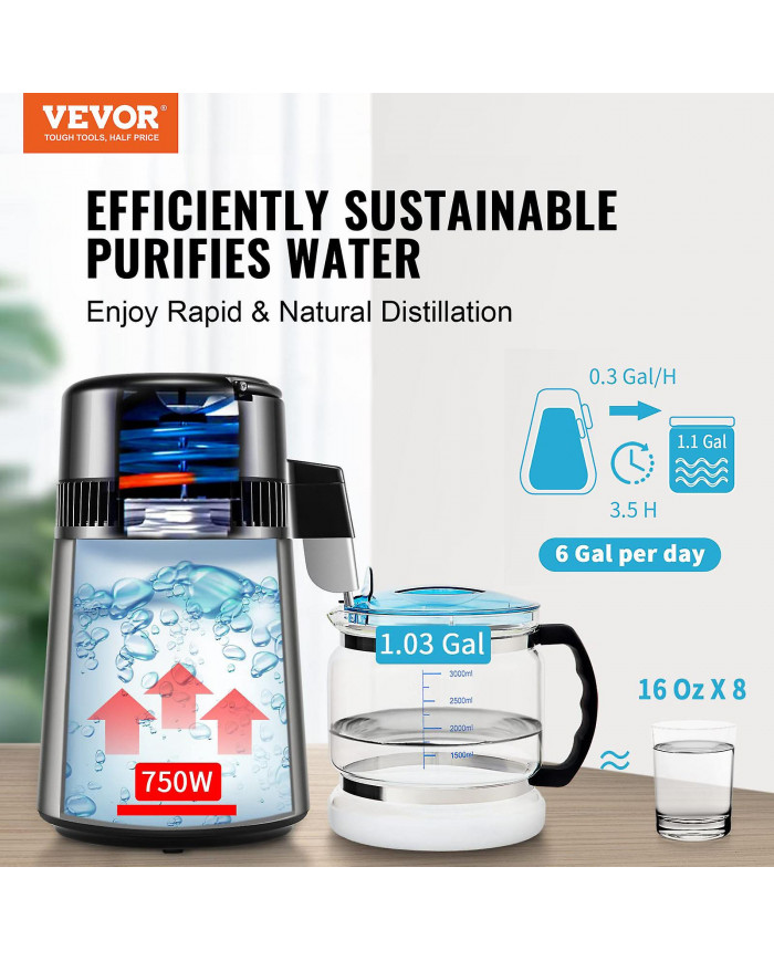 4L Distillateur D’eau Purificateur Machine Comptoir En Acier Inoxydable 304 Intérieur 750W