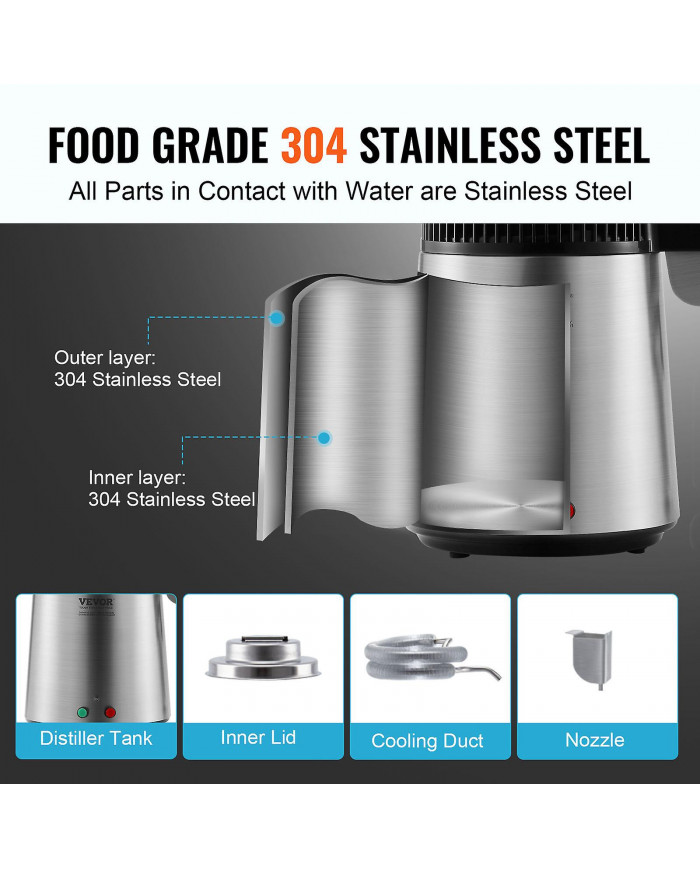 4L Distillateur D’eau Purificateur Machine Comptoir En Acier Inoxydable 304 Intérieur 750W