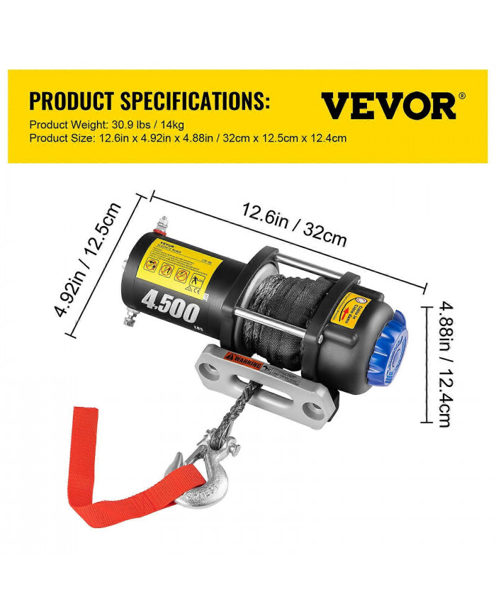 Treuil électrique 4500LB 12V Corde Synthétique Sans Fil Romote 4x4 Récupération ATV